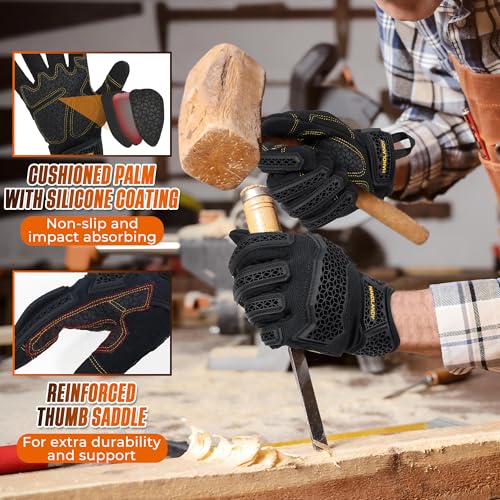 HANDLANDY Mens Work Gloves Touch screen, Utility Mechanic Gloves, Flexible Breathable Fit- Padded Knuckles & Palm - color: Light Black, size: Large