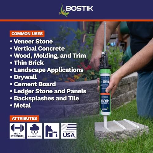 BOSTIK Grip n Grab 9.5oz Instant Grab Premium Heavy Duty Adhesive Glue | Professional Grade | Internal External Waterproof Low Odor Fast Cure | Wood Concrete Drywall Metal & More | 1 Cartridge