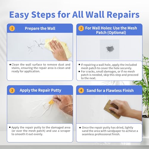 YKF Drywall Repair Kit (18 oz) - Spackle Paste with Scraper & 2X Self-Adhesive Patches (4") - Quick Dry, Waterproof Mending Agent for Large Holes, Plaster (White) - style: 18 oz Kit (with Scraper & 2 Wall Patches)