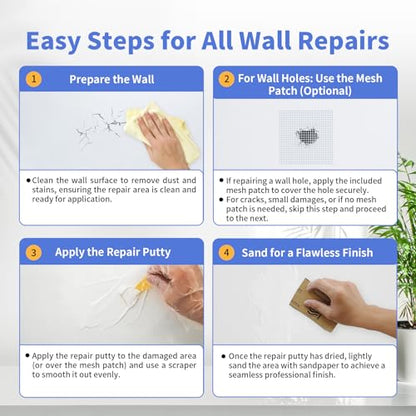 YKF Drywall Repair Kit (18 oz) - Spackle Paste with Scraper & 2X Self-Adhesive Patches (4") - Quick Dry, Waterproof Mending Agent for Large Holes, Plaster (White) - style: 18 oz Kit (with Scraper & 2 Wall Patches)