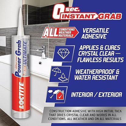 Loctite Power Grab Ultimate Crystal Clear Construction Adhesive, 9 fl oz Cartridge, 6 Pack - Versatile Construction Glue for Glass, Wood, Metal & More - size: 6 Pack