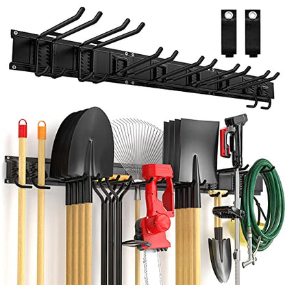 Garage Tool Organizer Wall Mount Garden Tool Organizer 11pcs Adjustable Garage Organizers with 8 Heavy Duty Hooks, Max Load 500lbs Garage Storage for Yard Garden Tools, Shovels, Trimmers, Hoses - size: 48 Inch 1.0