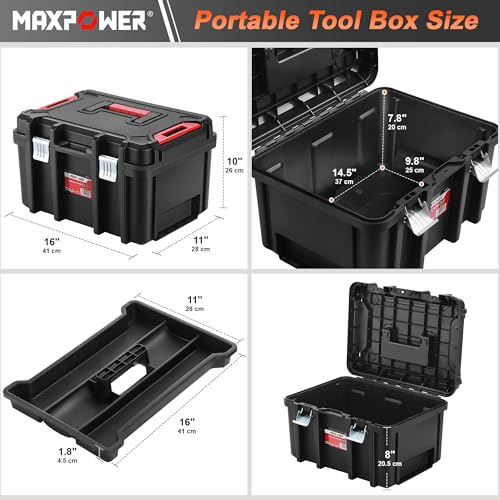 MAXPOWER 16 inch Plastic Tool Box, Black Deep Toolbox with Metal Latches and Removable Tray, Pack of 1 - style: 16" black