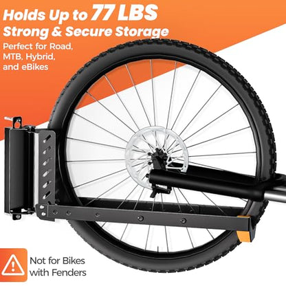 2 Pack Bike Wall Mount, Swivel Vertical No-Lift Bicycle Rack for Garage & Apartment Storage, 4 Sizes Adjustable Bike Wall Hanger Holds 77lbs, eBike MTB Road Bike Space-Saving Organizer