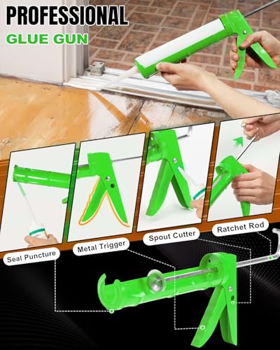 Holothurian Caulking Gun, Caulk Gun No Drip,Sealant Finishing Tool Grout Scraper for Kitchen Bathroom Window Sink Joint, 1/10 Gallon Cartridge, 10:1 Thrust Ratio, Green - color: Green