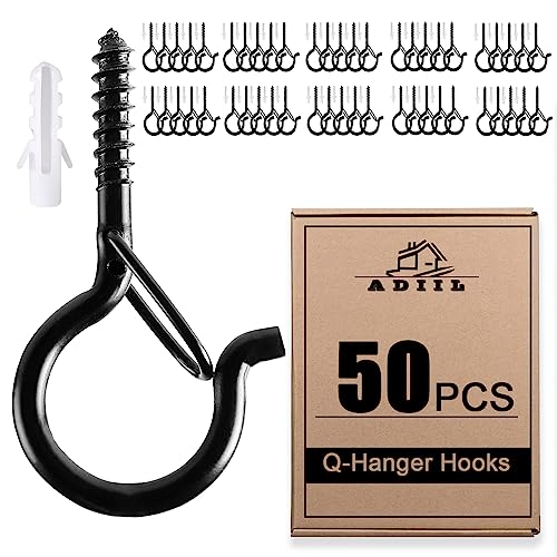 ADIIL 50 PCS Q Hanger Hooks with Safety Buckle, Windproof Screw Hooks for Hanging Outdoor String Lights, Plants, Christmas Patio Lights, 2.2 Inches, Black - color: Black, size: 50 Pcs