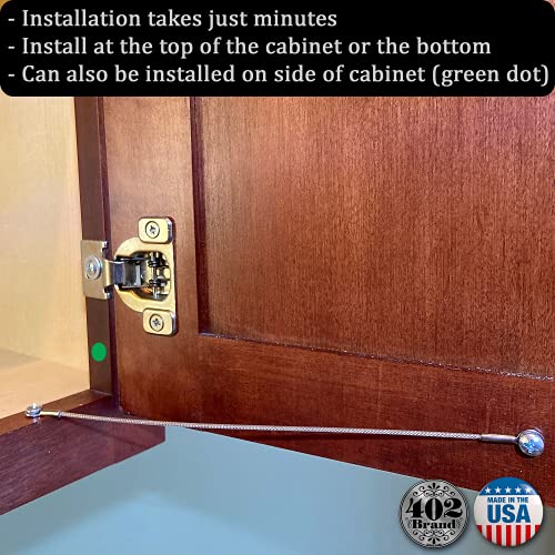 Stainless Steel Cabinet Door Restraint Kit. Made in USA. Flexible Braided Cable. Cupboard Door Hinge Limiter. Restrict Cabinet Door Swing. Door Swing Limiter. Includes Mounting Screws - size: 50 Pack