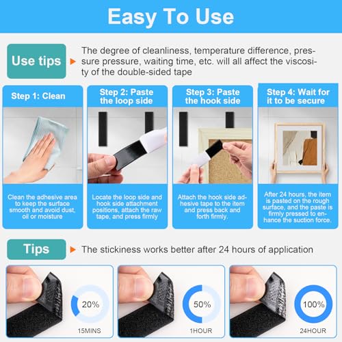 32 Sets 1x4 Inch Hook and Loop Strips with Adhesive, Strong Sticky Back, Heavy Duty Fasteners, Double Sided Mounting Tape for Wall Hanging Picture, Home, Office, School, No Holes Needed, Black