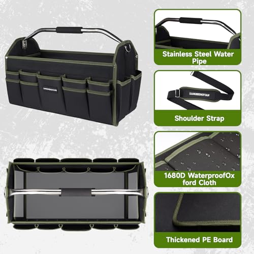 20In Electrician Tool Bag, Foldable Bags For Men Heavy Duty, Open Top Tool Tote, 30 Pockets Can Hold Many fittings, Organizer Stainless Steel Handle and Removable Shoulder Strap - size: 20in