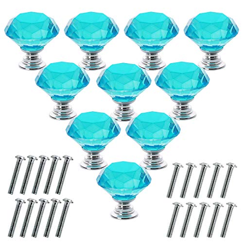 Akstore 10 Pcs Crystal Glass Cabinet Knobs 30mm Diamond Shape Drawer Kitchen Cabinets Dresser Cupboard Wardrobe Pulls Handles (Sky Blue) - color: Light Blue