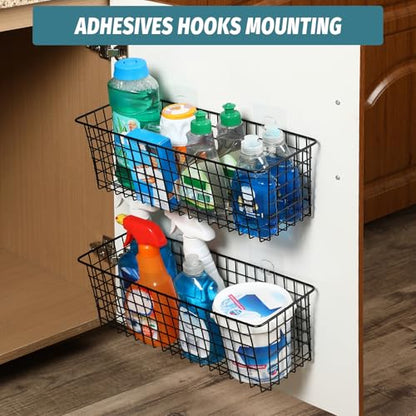 4 Set [EXTRA LARGE] Hanging Wall Mount Storage Baskets with Adhesive Hooks & Steel Hooks, Multiuse Sturdy Wire Metal Organizing Baskets for Home Kitchen Bathroom Pantry Utility Organizer, Black - size: Extra Large