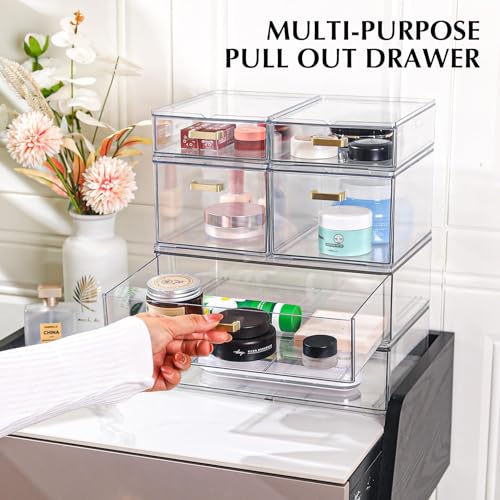 LALOBLUE Stackable Storage Drawers, 6 Pack Clear Acrylic Organizer Bins with Golden Handles, Multi-Size Plastic Drawers for Makeup, Vanity, Kitchen, Bathroom, Office, Pantry Organization and Storage - style: 6 Pack