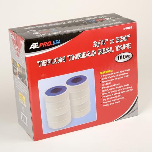 ATE Pro. Tools - Teflon Tape, Industrial Sealant Tape, Threaded Pipe Tape, Plumbing Tape, Temperature Range of -450F to +550F, 3/4" X 520" Teflon Tape, White Tape - 100 Pack