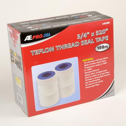 ATE Pro. Tools - Teflon Tape, Industrial Sealant Tape, Threaded Pipe Tape, Plumbing Tape, Temperature Range of -450F to +550F, 3/4" X 520" Teflon Tape, White Tape - 100 Pack