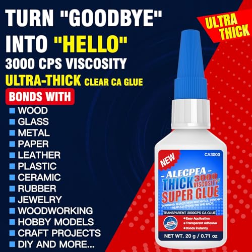 20g Thick CA Glue (3000 CPS), Instant Clear Cyanoacrylate Glue for Wood, Glass, Metal, Paper, Leather, Plastic, Ceramic, Rubber, Jewelry, Woodworking, Hobby Models, and Craft Project - size: Clear/3000CPS