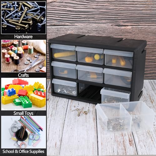Morcte 9-Drawer Plastic Parts Storage Hardware and Craft Cabinet, Small Parts Organizer with Drawers, Black