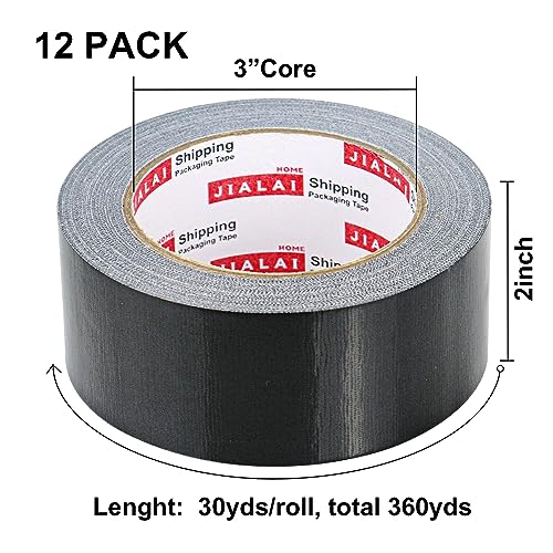 JIALAI HOME Black Duct Tape Heavy Duty - 30 Yards x 2 Inch 12 Roll Multi Pack - Strong, Flexible, Waterproof and Tear by Hand - for Indoor & Outdoor Repairs, Industrial, Professional Use - color: Black