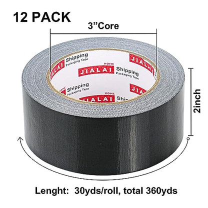 JIALAI HOME Black Duct Tape Heavy Duty - 30 Yards x 2 Inch 12 Roll Multi Pack - Strong, Flexible, Waterproof and Tear by Hand - for Indoor & Outdoor Repairs, Industrial, Professional Use - color: Black