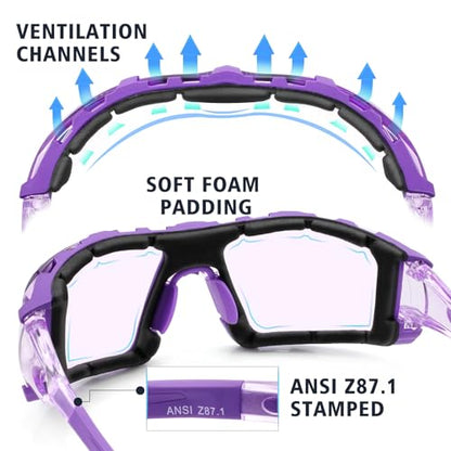 UKNOW Safety Glasses - Anti Fog Wraparound Lenses - Removable Foam Gasket - ANSI Z87.1 Protective Eyewear - Impact Resistant - color: Purple With Light Tint