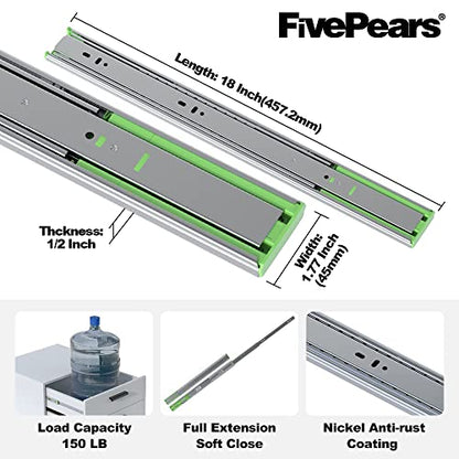 FivePears 1 Pairs 18 Inch Heavy Duty Soft Close Drawer Slides, 150 Lb Load Capacity Full Extension Ball Bearing Side Mount Drawer Runner, Rv Tool Box Kitchen Cabinet Drawer Self Closing Glide Rails - size: 18 Inch