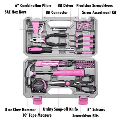 CARTMAN Home Tool Set Kit, Basic Household Hand Tools with Storage Case Light Pink - color: Light Pink