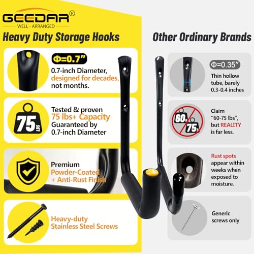 GEEDAR 6 Packs Heavy Duty Garage Storage Ladder Hooks (9.8", 75 lb Capacity) Kayak Storage Utility Hanger Wall Mounted Rack for Hanging Ladders, Bikes, Chairs, and Outdoor Organization Hooks - size: 9.8"-75 Lb Capacity