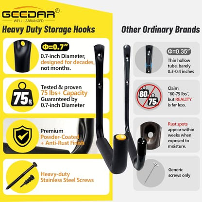 GEEDAR 6 Packs Heavy Duty Garage Storage Ladder Hooks (9.8", 75 lb Capacity) Kayak Storage Utility Hanger Wall Mounted Rack for Hanging Ladders, Bikes, Chairs, and Outdoor Organization Hooks - size: 9.8"-75 Lb Capacity