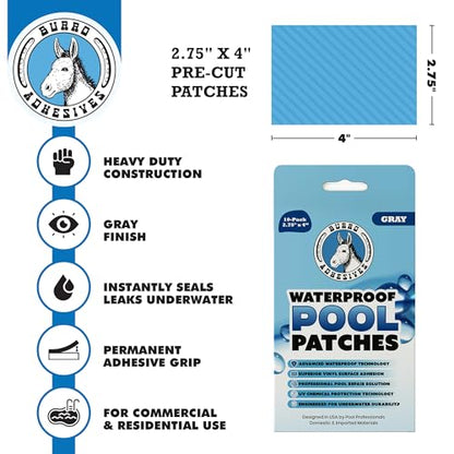 Burro Adhesives 10-Pack Waterproof Gray Pool Patches - Professional Grade PVC Repair Kit with 2.75" x 4" Heavy Duty Patches for Commercial & Residential Vinyl Liner Pools, Works Underwater & Dry - color: Gray