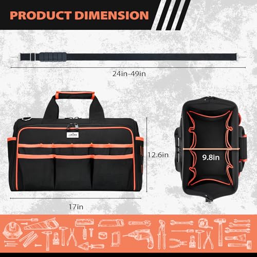 JJRING Heavy Duty 17inch Tool Bag with 48-Pockets, 1680D Oxford Organizer Storage Bag With Adjustable Shoulder Strap And Padded Handle For Electrician Plumbing Mechanics DIY And Craftsmen (RED)
