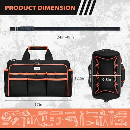 JJRING Heavy Duty 17inch Tool Bag with 48-Pockets, 1680D Oxford Organizer Storage Bag With Adjustable Shoulder Strap And Padded Handle For Electrician Plumbing Mechanics DIY And Craftsmen (RED)