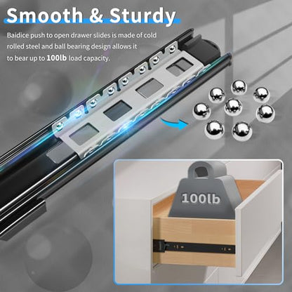 1 Pair Push to Open Full Extension Drawer Slides 12 14 16 18 20 22 24 Inch 100 lb Load Capacity Side Mount Handleless Touch Open Ball Bearing Cabinet Rails Metal Runner Dresser Glide Black - color: Push to Open, size: 22 Inch