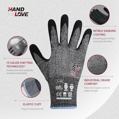 HandLove Cut Resistant Gloves – ANSI A7 Cut Proof Safety Work Gloves | Sandy Nitrile Anti-Slip, Touchscreen, Durable, PFAS Free | Wood Carving, Gardening, Glass Cutting, Car Repair – Blue,1Pair,XL - color: Blue, size: X-Large