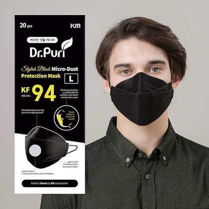 Dr.Puri [20 Pack] New Micro-Dust Protection Face Premium Mask (KF94) - color: Black