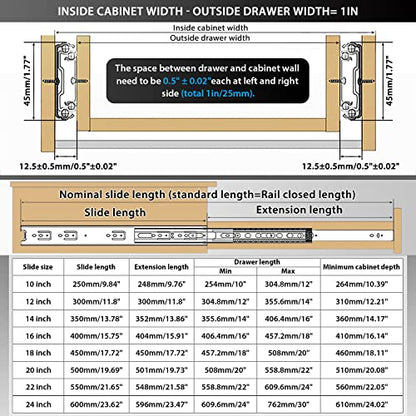 YENUO Full Extension Drawer Slides Side Mount 10 12 14 16 18 20 22 24 Inch Ball Bearing Dresser Cabinet Kitchen Rails Track Guide Glides Runners Heavy Duty 100 Lb (White-Basic - 1 Pr,16 Inch) - color: White-Basic, size: 16 Inch