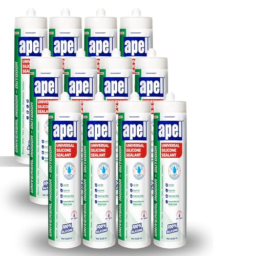 apel All Purpose Clear Silicone Sealant Waterproof (12 x 10.5 fl.oz.), 100% Silicone Caulk, Weatherproof & Flexible Adhesive Sealant for Indoor and Outdoor Use, Transparent - 12 Pack