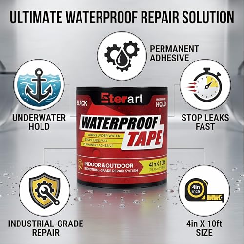 Waterproof Tape Black 4 Inch x 10 FT - Heavy Duty Rubberized Seal Repair for Active Leaks - Fix Roofs, Underwater Pool Liners & Pipes - All-Weather Emergency Patch Tool for Homeowners & Campers - color: Black