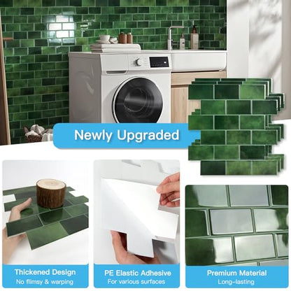 Art3d Peel and Stick Green Wall Tiles – 12"x12" Thicker Design Backsplash, Self-Adhesive Tile for Kitchen & Bathroom Renovation - color: Green