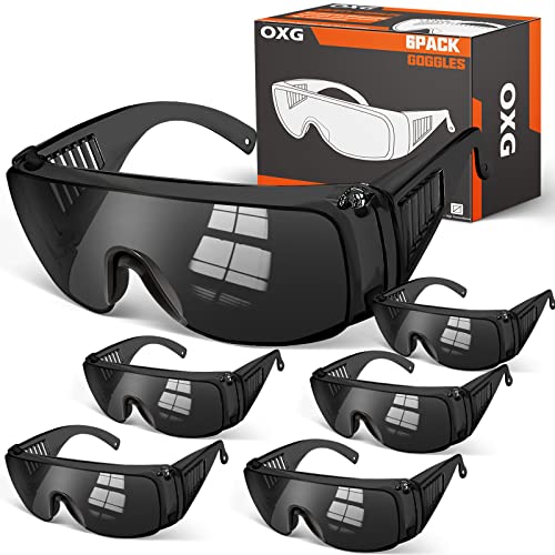 OXG Safety Glasses Over Eyeglasses Anti-Fog, ANSI Z87.1 Safety Goggles Eye Protection Glasses for Men and Women - color: Black-6 Pack