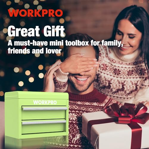 WORKPRO Mini Metal Tool Box with 2 Drawers and Top Storage, Small Tool Chest with PVC Liners and PP Feet Pads, Cold Rolled Steel Toolbox with Magnetic Tab - color: Macaron Green