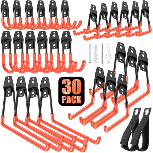 30 Pack Heavy Duty Garage Hooks,Solid Steel Wall Mount Hangers,with Anti-Slip Coating,for Hanging and Organising Ladder,Bike,Ropes,Broom,Garden,Yard and Power Tools - color: 30 Pack Orange