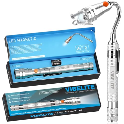 VIBELITE Extendable Magnetic Flashlight with Telescoping Magnet Pickup Tool-Cool Gadget Gifts for Men, Women, Him, Teen Boys, Husband, Dad, Father, Mechanic, Birthday Gifts for Men, Silver - style: Sliver Magnetic Tool