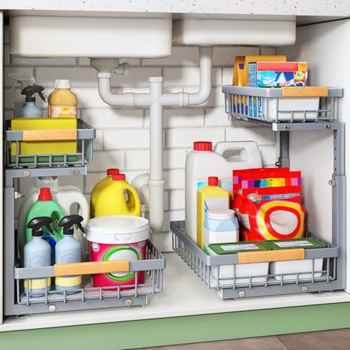 Kitstorack Under Sink Organizer, 2 Tier Under the Sink Storage, Slide out Pull out Cabinet Organizer Shelf, Metal Sliding Drawer for Kitchen Bathroom Pantry Closet Organization Rack, Grey, 2 Pack - color: Gray, size: 2 Pack