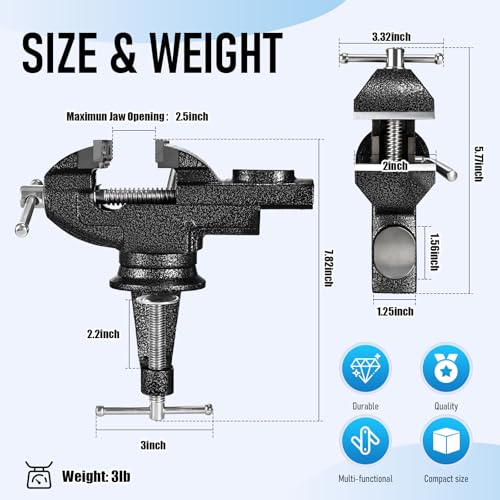 Bench Vise 2.5 inch Table Clamp On Vise,360° Swivel Base Heavy Duty Home Vice Bench Vise For Workbench Clamp Vise for Woodworking,Metalworking, Cutting Conduit, Drilling, Sawing - size: 2 1/2 inch