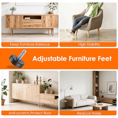 1/4" Thread Furniture Feet Levelers, 15PCS Adjustable Leveling Feet Threaded Screw-in, Furniture Feet Screw on Furniture Glide Leveling for Table, Desk, Cabinet, Chair, Stool Legs