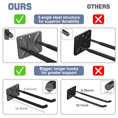 WALMANN Wall Mounted Garage Hooks, Heavy Duty 12-inch Tool Hooks for Hanging, Tool Hangers for Car Tires, Ladders, Folding Chairs, Strollers, Garden Tools (Pack of 4) - style: Pack of 4