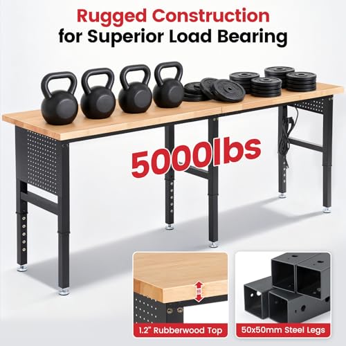 ENJOYWOOD 96" x 24" Heavy Duty Workbench Adjustable Height Garage Work Table with Solid Rubberwood Top, Extended Pegboards & Power Outlets for Workshop, Home & Office - size: 96 Inch