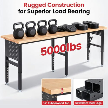 ENJOYWOOD 96" x 24" Heavy Duty Workbench Adjustable Height Garage Work Table with Solid Rubberwood Top, Extended Pegboards & Power Outlets for Workshop, Home & Office - size: 96 Inch