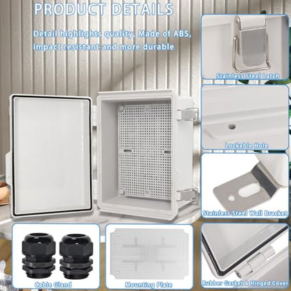 Zulkit Junction Box,IP67 Waterproof Electrical Box Hinged Cover Stainless Steel Latch Plastic Enclosure for Project with Mounting Plate Wall Bracket and 2 Cable Gland Grey 8.7"x6.7"x4.3"/220x170x110mm - color: Grey Cover, size: 8.7"x6.7"x4.3"
