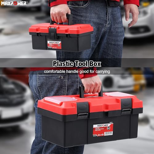 MAXPOWER 2-Piece Plastic Tool Box Set, 12-inch Mini Tool Box & 17-inch Handheld Toolbox, Lockable, Removable Tray, Top Small Parts Organizer Storage for Home, Garage, and DIY Projects - style: 12" 17" red