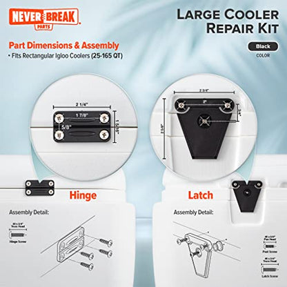 NeverBreak Parts - Igloo Cooler Replacement Parts - Large Repair Kit | High Strength Igloo Cooler Hinges Replacement with Latches | Ice Chest Repair Kit - color: Black